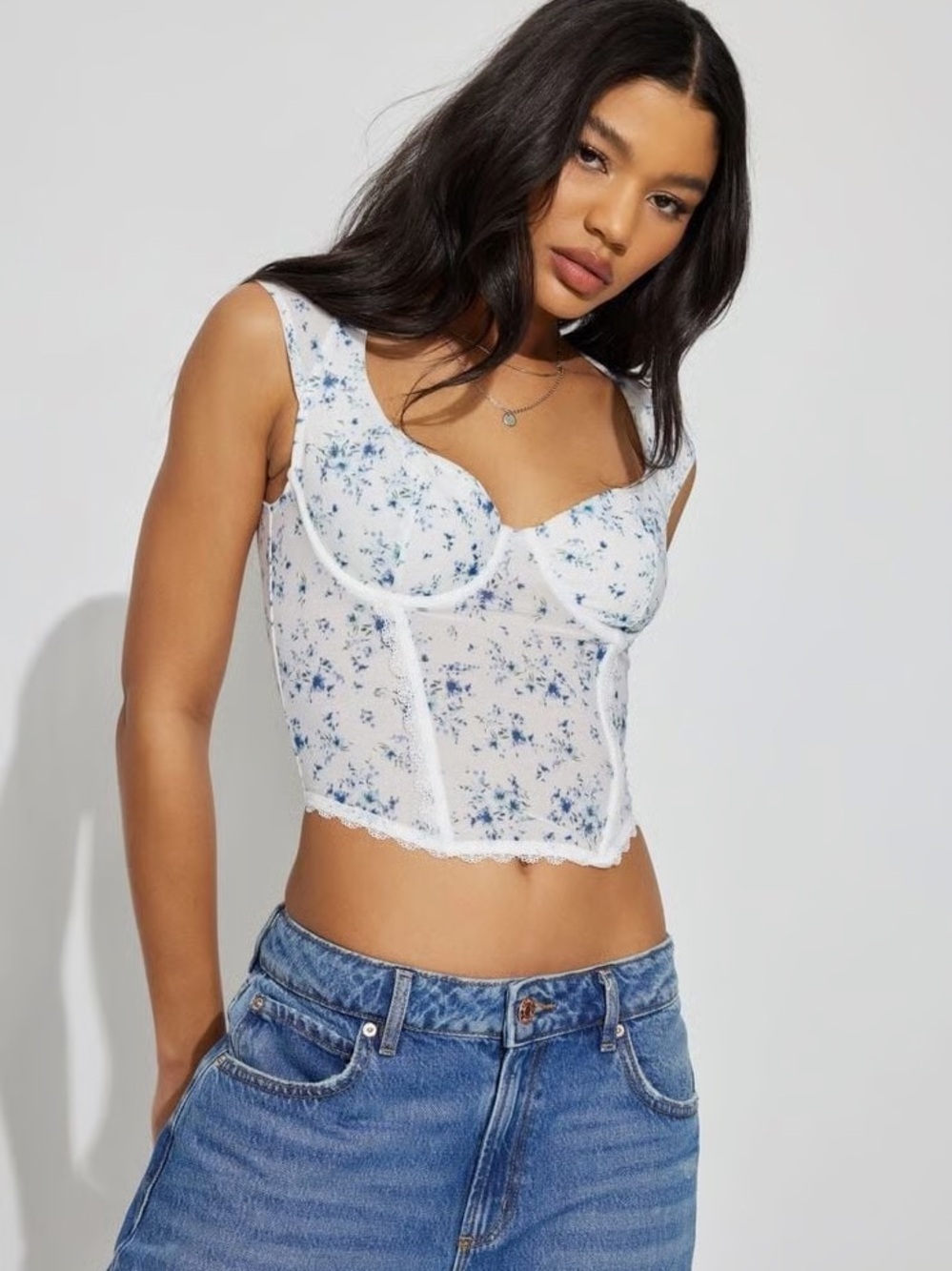 Garage White Top with Blue Floral Print